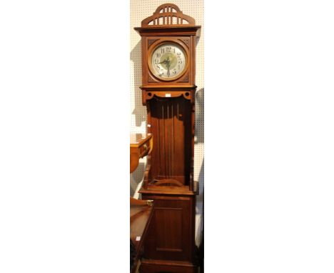 A modern open cased mahogany framed longcase clock together with pendulum &amp; weights