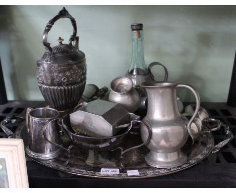 A hammered Tudric pewter bowl, a pewter mounted glass flask together with various pewter and plated wares