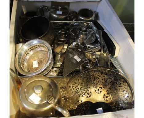 A tray containing silver plated flat wares, wine coaster, candlestick etc