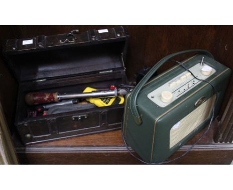 A 'Jaguar' Roberts 550&nbsp; green portable radio in full working order, Connolly leather hide and a casket of tools and penk