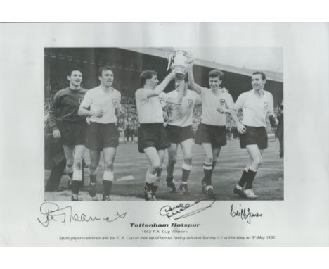 Multi signed Jimmy Greaves, MBE, Dave Mackay and Cliff Jones black and white print 16, 5x11, 5 Inch, 'Tottenham Hotspur' 1962