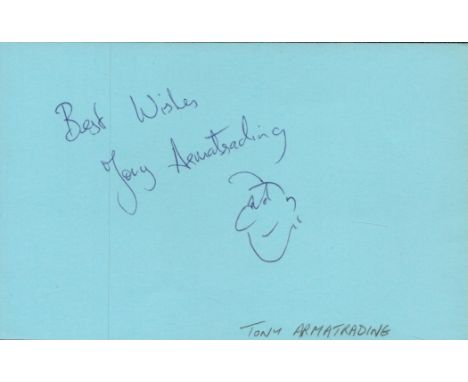 Tony Armatrading Signed 5, 5 x 3, 5-inch Blue Autograph Card, Signed in blue biro with Doodle drawing. Good condition. All au