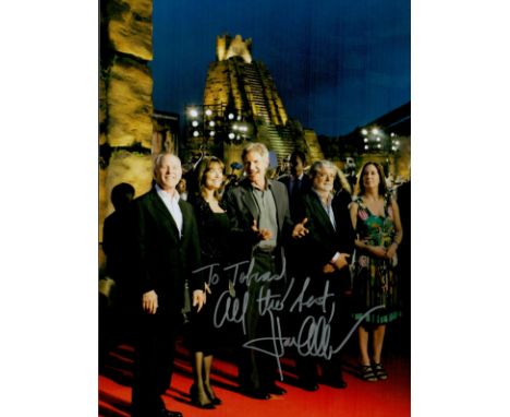 Karen Allen, actress, A signed and dedicated 11x8 inch photo, shown alongside Harrison Ford and George Lucas, Most famous for