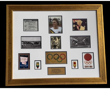 Betty Cuthbert signed 1956 Olympics mounted and framed Olympic photos with name plaque, Measures 31x26 inch appx. Good condit