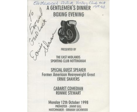 Earnie Shavers signed A Gentleman s Dinner Boxing Evening Menu programme, Was an American professional boxer who competed bet