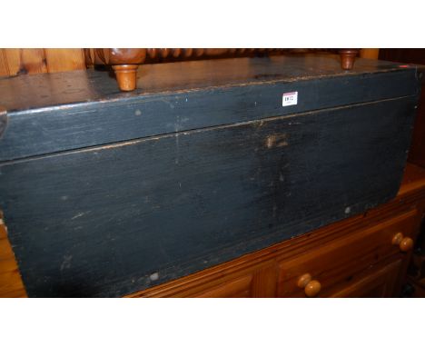 A 19th century black painted and brass bound hinged top tool chest 