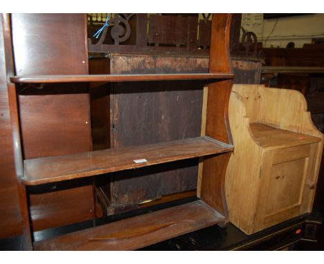 A Victorian walnut four division open wall shelf, together with a rustic pine single door small cupboard (2)