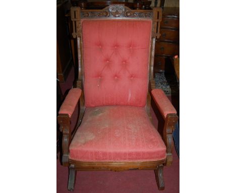 An Edwardian low relief carved walnut gents parlour chair, together with a Victorian mahogany framed child's upholstered butt