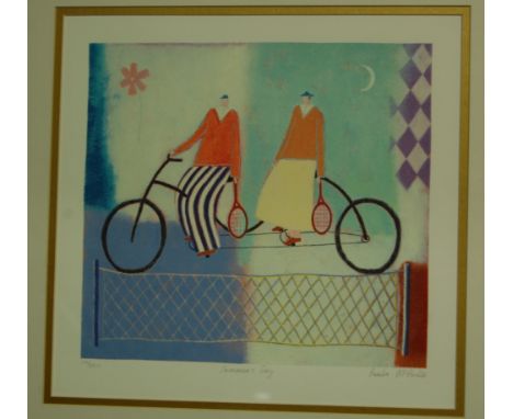 Mary Cousin - Rape field, acrylic; Paula McArdle - Summers day, lithograph; and pair of modern framed woolworks (3) 