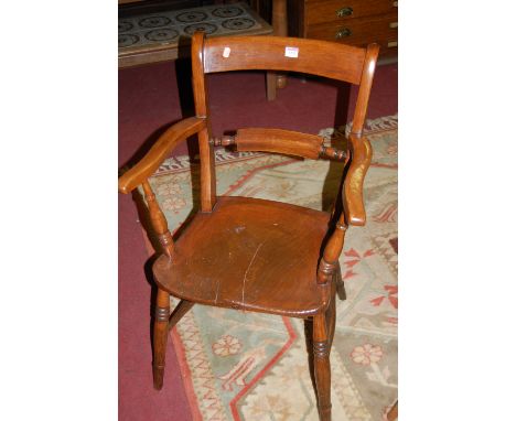 An early 20th century stained elm seat and beech bar back open elbow chair, together with an elm seat and beech stickback far