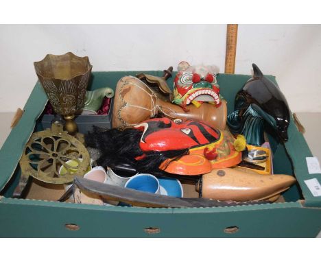 Mixed Lot: Tribal masks, Poole Pottery dolphin, assorted metal wares etc