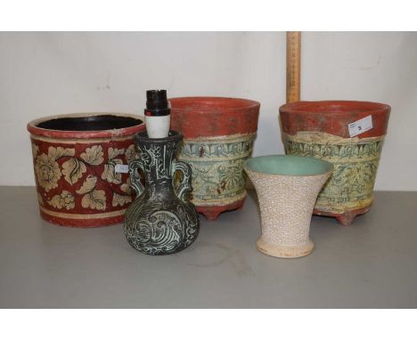 Quantity of pottery planters and a small table lamp