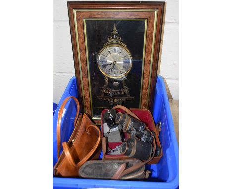 Mixed Lot: Pair of binoculars with leather case, cine camera, wall clock and a lady's vintage handbag
