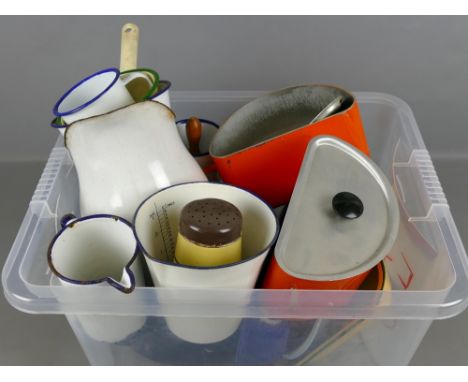 Large collection of enamel wares, including jugs, bowls etc