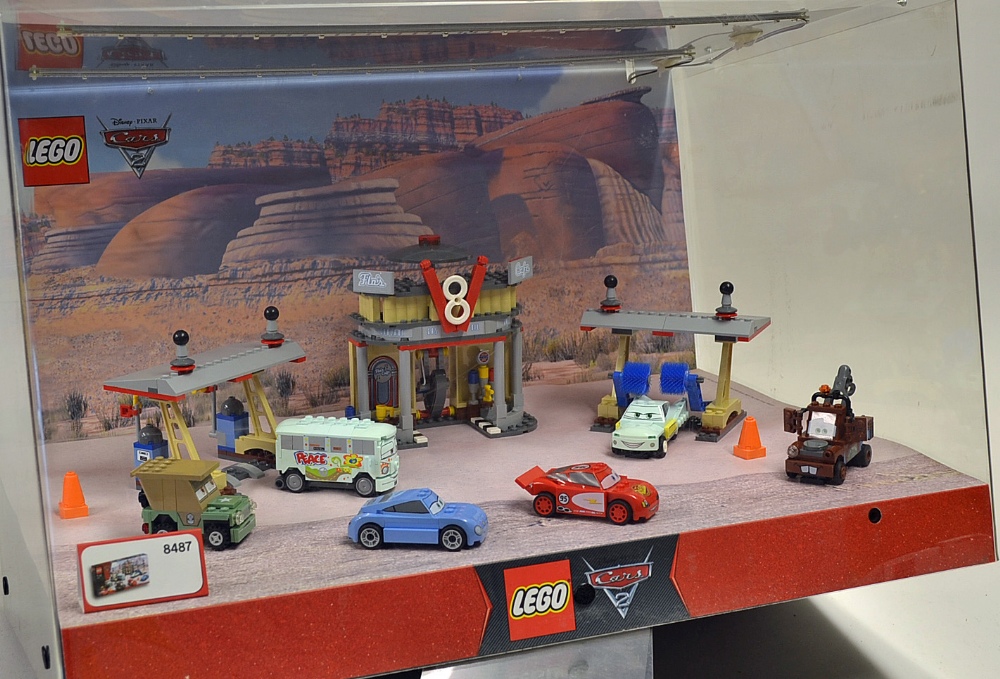 Lego Disney film Cars 2 shop display containing set 8487 contained in a