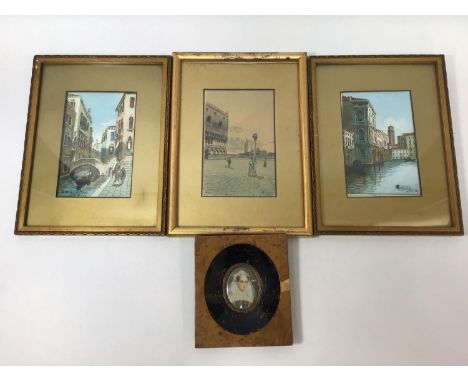 A portrait miniature of Mary Queen of Scots, framed, together with three small Venetian watercolours 