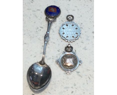 A silver and enamel spoon RMS Aquitania, and two gold and silver sports medals from RMS Olympic, together with six cased silv