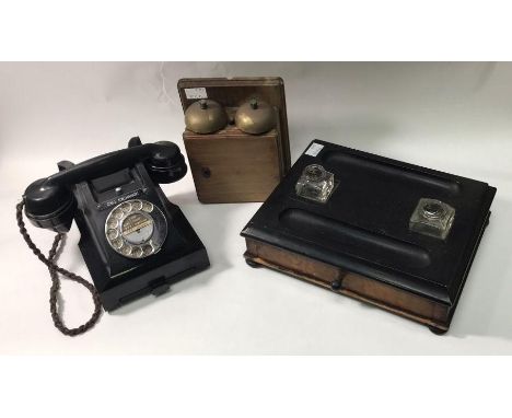 Vintage original black Bakelite rotary dial telephone 164 56 together with a vintage electric (GPO) telephone extension ringe