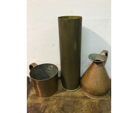 A one gallon copper rum / grog measure, together with a large brass artillery shell casing stick stand and a large copper hay