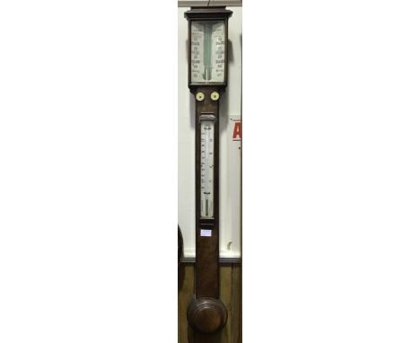 A late 19th century burr-walnut mercury stick barometer/ thermometer, by A. Carr, Belfast, 95cm 