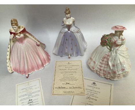 Three assorted Coalport ceramic ladies comprising An Evening at the Opera, 'Sara', limited edition 2252/7500, 'Midnight Masqu