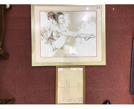 Bernard Dufou (French b.1922) Oil portrait study of a ballerina, signed, 37 x 45cm, together with a pencil sketch of a lady b