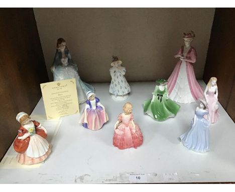 SECTION 10. Two Coalport ceramic figural ladies comprising 'Mary' and 'Emily', together with seven assorted small ceramic fig