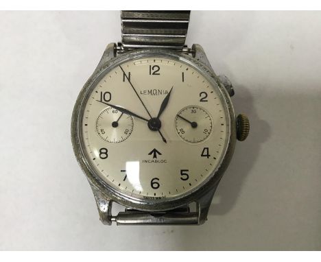 An unusual mid-20th century gents stainless steel Lemania 'Incabloc' chronograph wristwatch, possibly a 15 TL with single pus