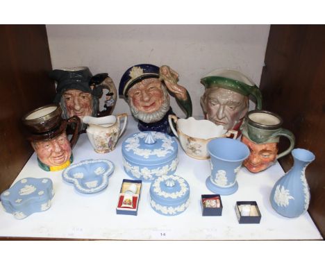 SECTION 14. A collection of assorted mixed ceramics comprising five various character jugs, six various Wedgwood Jasperware i