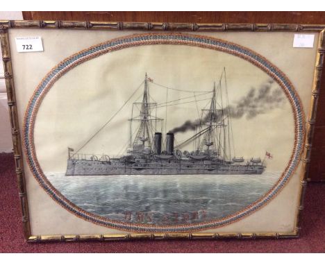An early 20th century silkwork ship's portrait of the 'pre-Dreadnaught' Canopus Class battleship HMS Glory, the oval panel wi