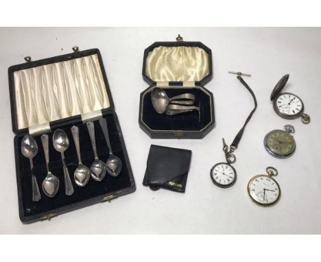 Two various silver cased open-face pocket watches, together with a gold-plated Burlington pocket watch and two cased sets of 