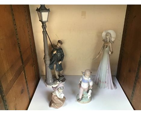 Four assorted Lladro ceramic figures comprising Lamp lighter '5205', Lady in flowing dress '1431', Lost Lamb '5484' and Thurs