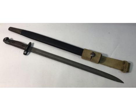 A WW1 British Pattern 1907  Bayonet with leather scabbard and canvas frog for a Lee-Enfield Rifle No1 Mk3 / SMLE, with variou