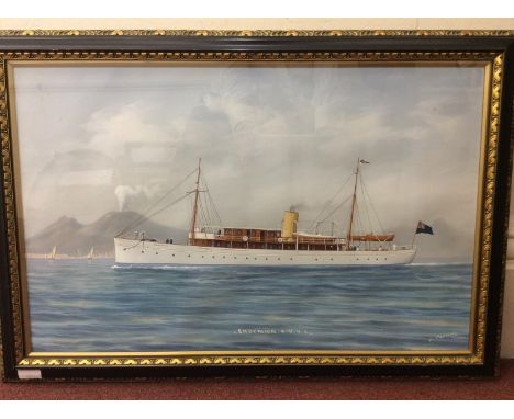 Luca Papaluca (1890-1934) The Steam Ship SS Endymion sailing off Naples with a smouldering Mount Vesuvius in the background, 