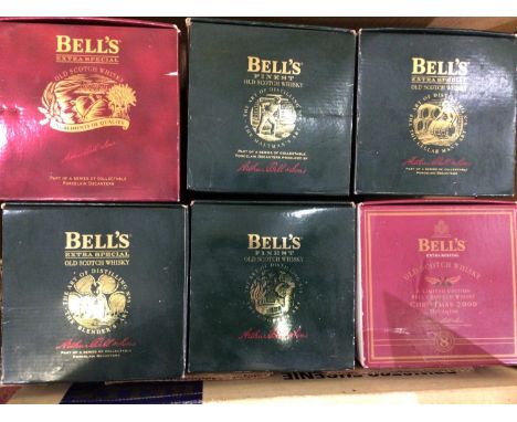 Six unopened commemorative Bell's Extra Special, 8 year aged, Old Scotch Whisky Christmas decanters, ranging from 1992 - 2000