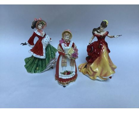 Three assorted Royal Doulton ceramic figural ladies comprising 'Old Country Roses HN3692', 'Wintertime HN3622' and 'Belle HN3