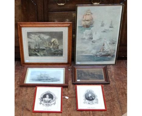 Various maritime prints comprising, Shipping in Spithead, after JWM Turner, HM Brig Rapid, in oak frame, Nelson's First Footi