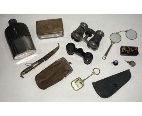 Two pairs of opera glasses including a pair by Grodenstock in leather pouch, a pair of folding hand-held glasses, a small snu