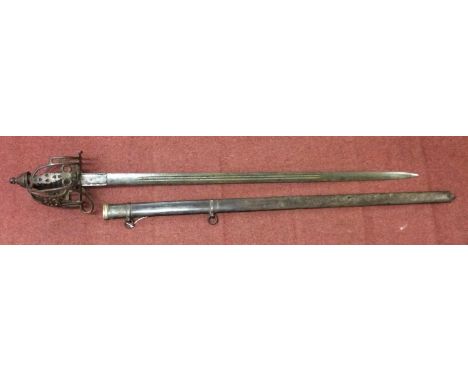 A Victorian Scottish Basket Hilted Broadsword, 32.75-inch double-edged blade with narrow double fuller, the blade etched with