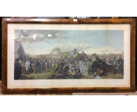 After William Powell Frith, 'The Derby Day,' hand-coloured engraving, 50x110cm, in burr wood frame with flexi-glass (some lig
