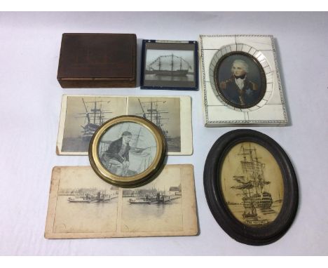 A copper printer's block of HMS Warrior, 2x stereoscope slides of HMS Victory and Gosport Ferry, glass slide of Victory, mode