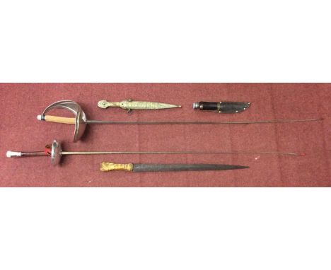 Two various fencing foils, William Rogers hunting knife, African double-edged long knife with crocodile handle and Islamic da