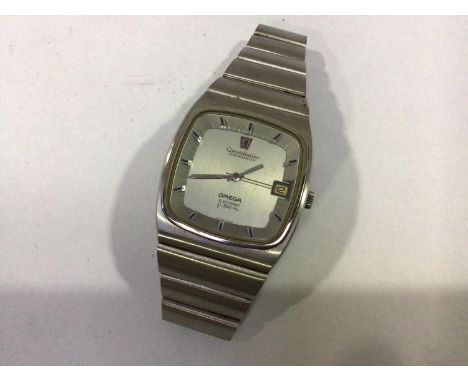 A stainless steel Omega Constellation Chronometer Electronic F300Hz wristwatch, the square, brushed steel dial with batons de