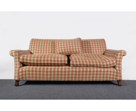 Two seater sofa, scrolled arms, check upholstery, stained wood scrolled legs, width approximately 200cm, height 85cm.