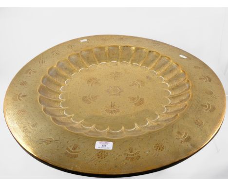 Chinese bronze four mask Buddha head, four character mark, 10cm and a large Indian brass tray, (2).