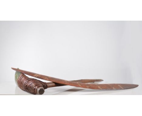 Victorian mahogany sarcophagus shaped tea caddy, 29cm, a boomerang, hardstone bladed adz, turned wood gavel, tambourine etc.

