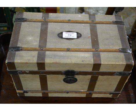 Child's toy cabin trunk, with wooden bands and canvas bound, width 33cm, depth 19cm, height  20cm.