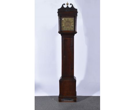 Oak longcase clock, swan neck pediment, the hood with turned columns, long door, bracket feet, 11" square brass dial with cas