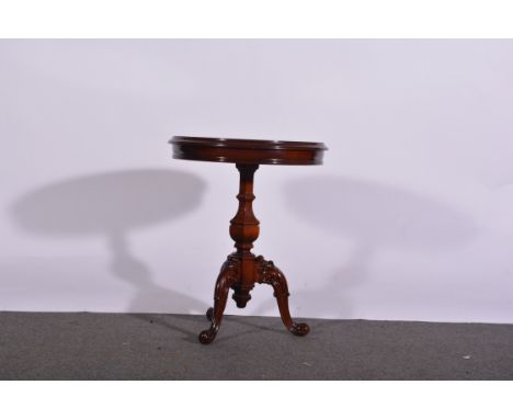 Victorian style stained wood tripod table, circular inlaid top with a moulded edge, hexagonal vase shaped column, carved and 