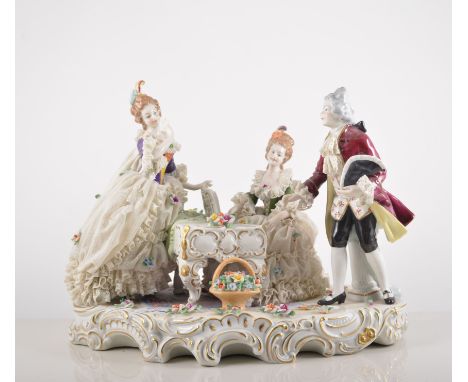 Dresden style lace porcelain group, The Recital, encrusted and painted, 33cm and another similar, Family in a Garden, (2).